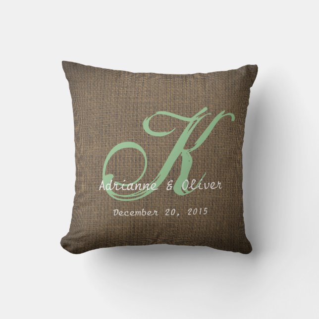 Rustic Country Burlap Wedding Monogram Keepsake Cushion (Front)