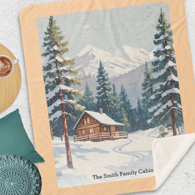 Rustic Country Cabin Snow Scene Mountains Picture Sherpa Blanket (A cozy personalized blanket with picture of a rustic log cabin with snow, mountains and trees)