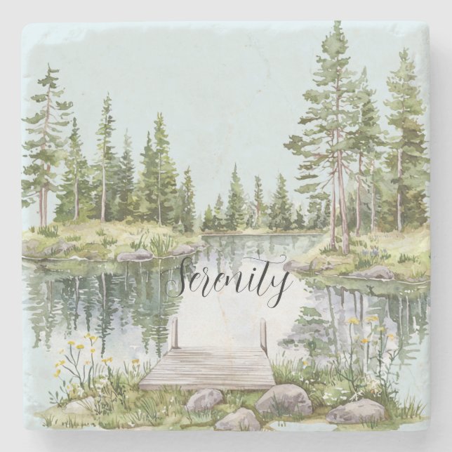 Rustic Country Calm Lake Green Trees Stone Coaster (Front)