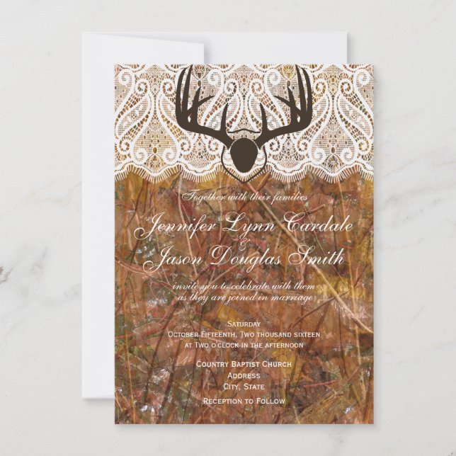 Rustic Country Camo Hunting Antlers Wedding Invite (Front)