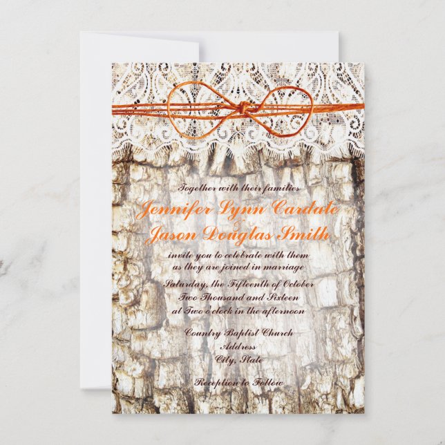 Rustic Country Camo Orange Bow Wedding Invitations (Front)