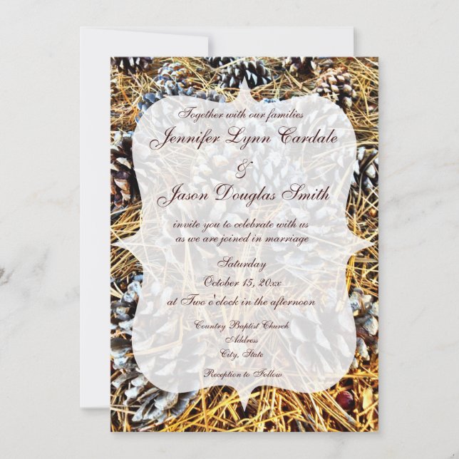 Rustic Country Camo Pine Cones Wedding Invitations (Front)