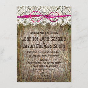 Rustic Country Camo Pink Bow Wedding Invitations
