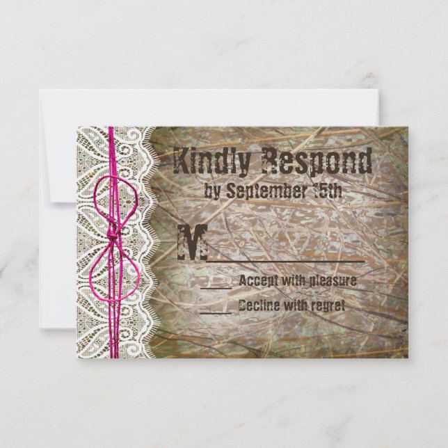 Rustic Country Camo Pink Bow Wedding RSVP Cards (Front)