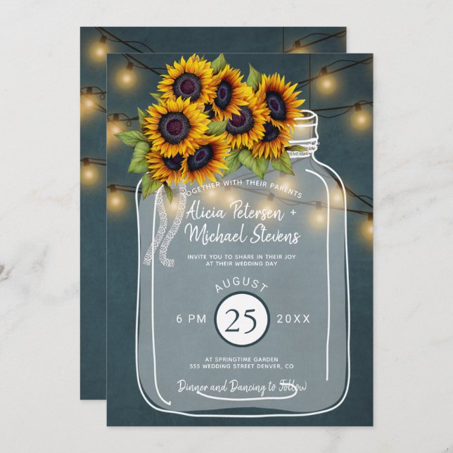 Rustic country chalkboard sunflowers wedding invitation (Front/Back)