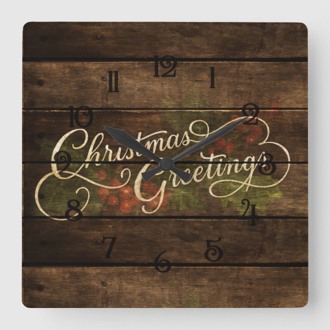 Rustic Country Charming Wooden Painted Christmas Square Wall Clock (Front)