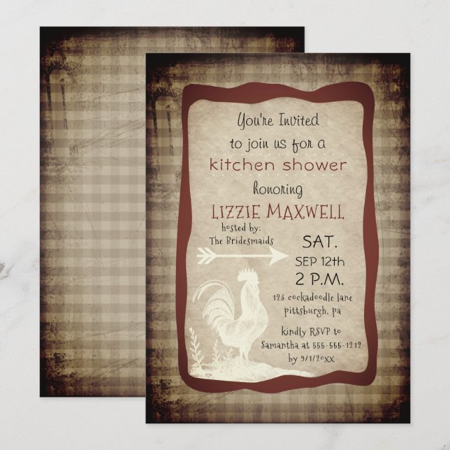 Rustic Country Check Rooster Kitchen Shower Invitation (Front/Back)