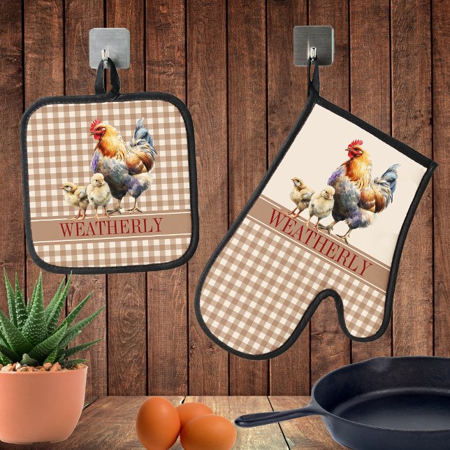 Rustic Country Checks Chicken Monogram | Name Oven Mitt & Pot Holder Set (Rustic Country Checks Chicken and Chicks Monogram or Name Oven Mitt and Pot Holder Set)
