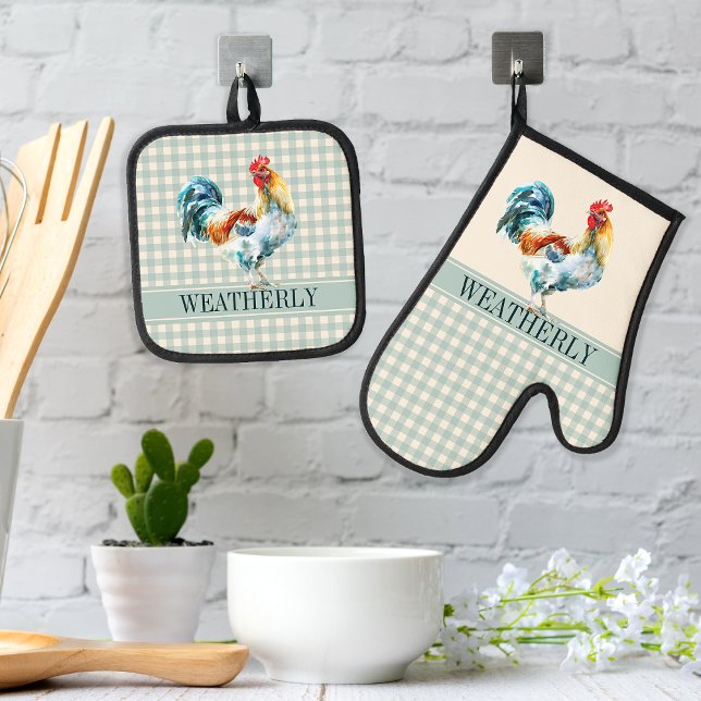 Rustic Country Checks Rooster Name | Monogram Oven Mitt & Pot Holder Set (Rustic Country Checks Rooster Monogram or Name Oven Mitt and Pot Holder Set - Aqua | Teal | Mint)