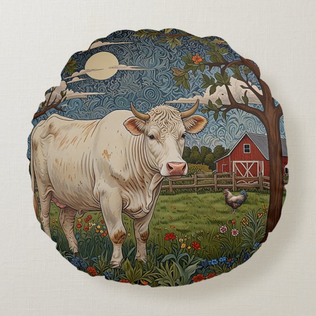 Rustic country chic boho cow farm round cushion (Front)