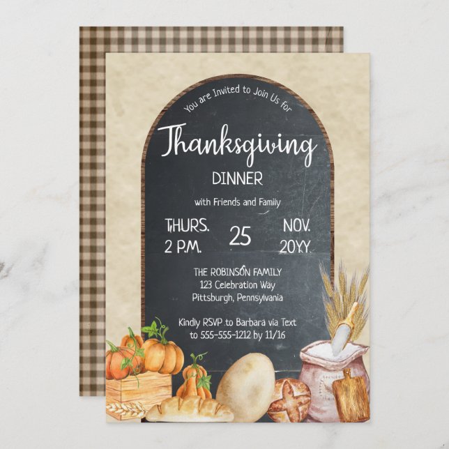 Rustic Country Chic Chalkboard Thanksgiving Dinner Invitation (Front/Back)