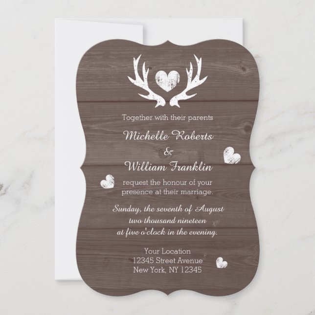 Rustic country chic deer antler wedding invitation (Front)