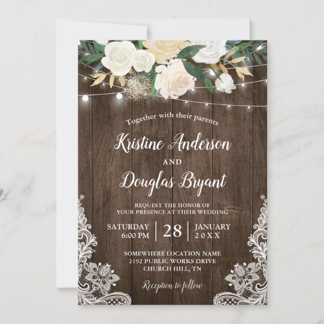 Rustic Country Chic Floral String Lights Wedding Invitation (Front)