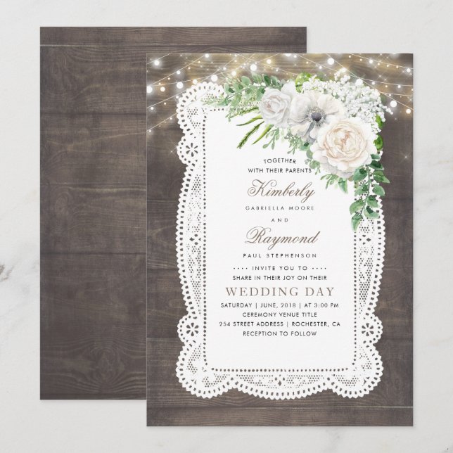 Rustic Country Chic Floral String Lights Wedding Invitation (Front/Back)