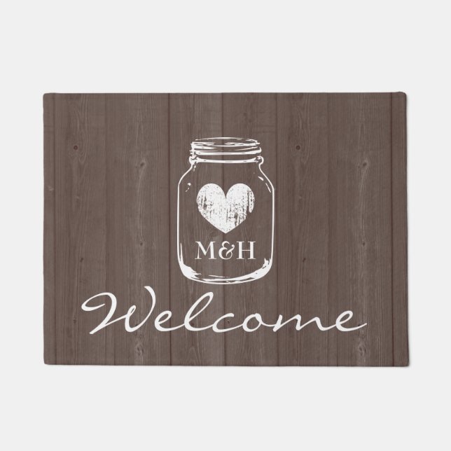 Rustic country chic mason jar wood grain door mat (Front)