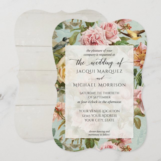 Rustic Country Chic Pink Rose Flower Bird Wedding Invitation (Front/Back)