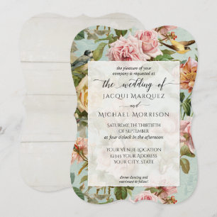 Rustic Country Chic Pink Rose Flower Bird Wedding Invitation