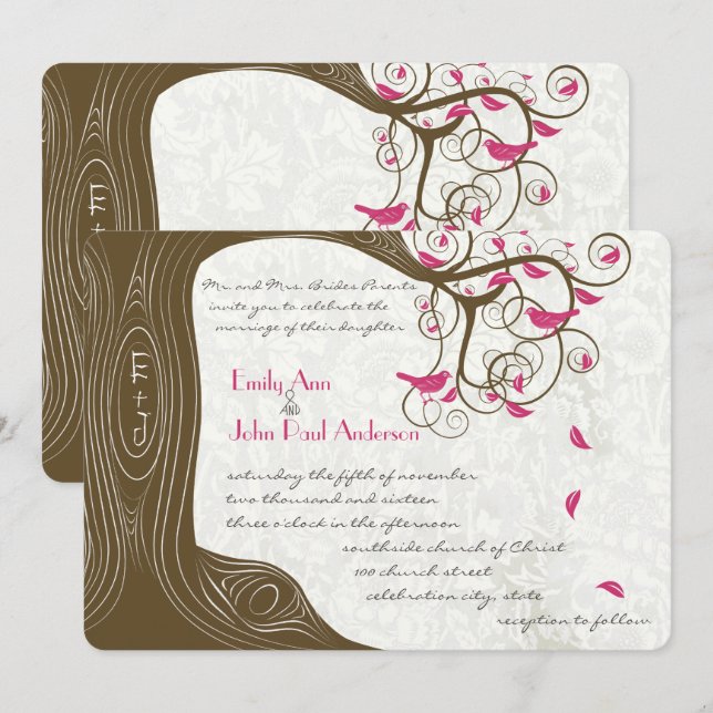 Rustic Country Chic Tree Pink Birds Weddings Invitation (Front/Back)