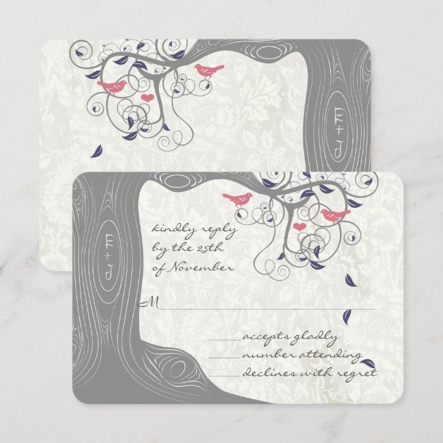 Rustic Country Chic Tree Swirl Love Birds Wedding RSVP Card (Front/Back)