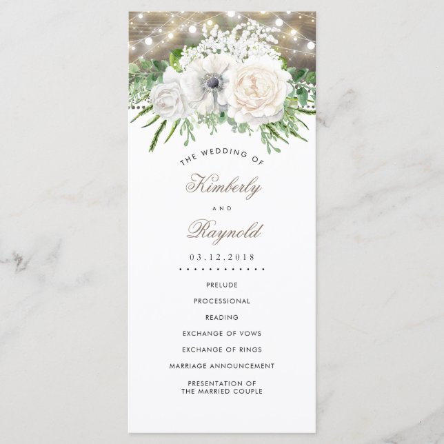 Rustic Country Chic White Flowers Wedding Programs Programme (Front)
