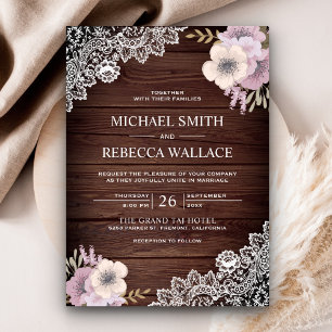 Rustic Country Chic Wood Lace Pink Floral Wedding Invitation