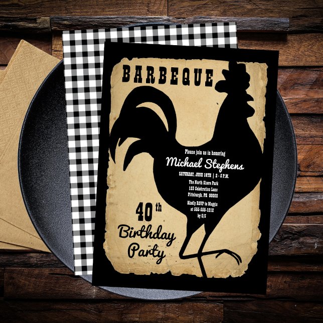 Rustic Country Chicken BBQ 40th Birthday Party Invitation (Rustic Country Rooster Chicken BBQ 40th Birthday Party Invitation)
