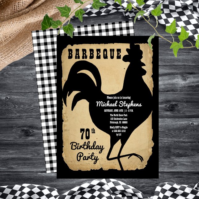 Rustic Country Chicken BBQ 70th Birthday Party Invitation (Rustic Country Rooster Chicken BBQ 70th Birthday Party Invitation)