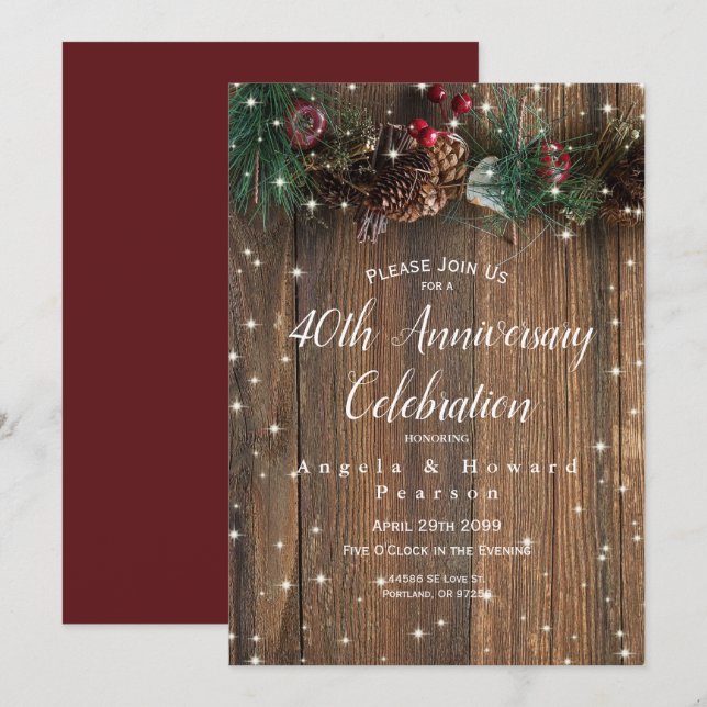 Rustic Country Christmas 40th Wedding Anniversary Invitation (Front/Back)