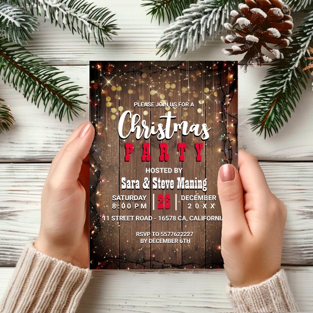 Rustic Country Christmas fairy lights dinner Party Invitation (Creator Uploaded)