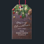 Rustic Country Christmas Holidays Gift Tags<br><div class="desc">Rustic christmas winter gift tags featuring a dark wooden background,  festive christmas tree branches,  red & gold tree decorations and string twinkle lights.</div>