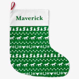 Rustic Country Christmas Horse Pattern Green Large Christmas Stocking