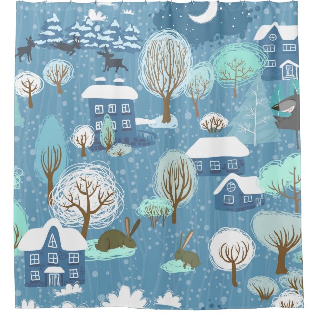 Rustic Country Christmas Light Blue & White Shower Curtain (Front)