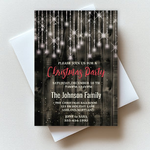 Rustic Country Christmas lights Black Party Invitation