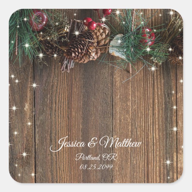 Rustic Country Christmas Pine Garland Wood Snow Square Sticker (Front)