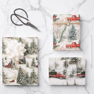 Rustic Country Christmas Red Truck and Village Wrapping Paper Sheet