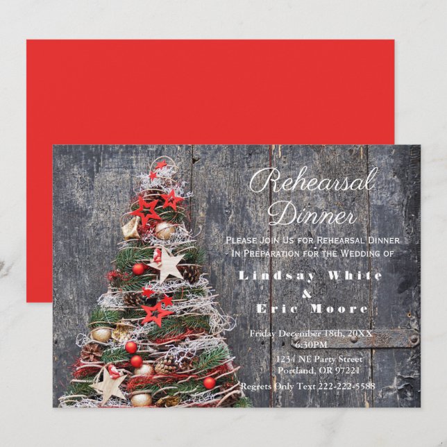 Rustic Country Christmas Tree Rehearsal Dinner Invitation (Front/Back)