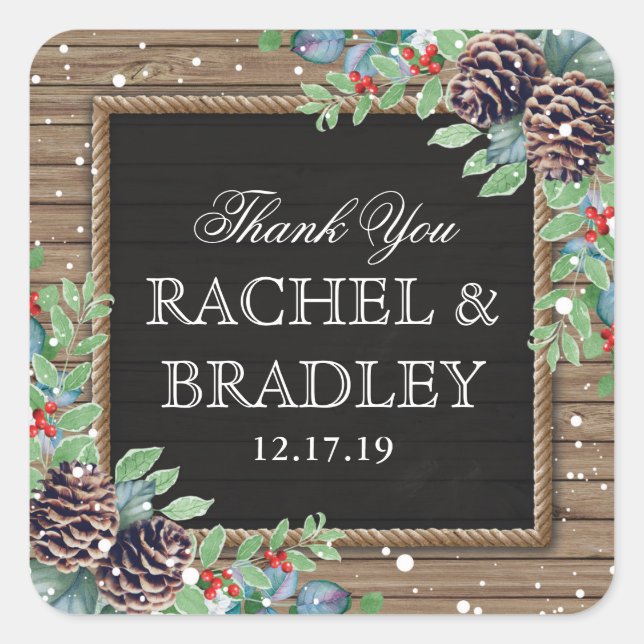 Rustic Country Christmas Winter Wedding Favour Square Sticker (Front)