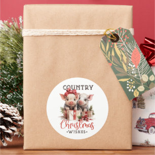 Rustic Country Christmas Wishes Cute Pig Classic Round Sticker