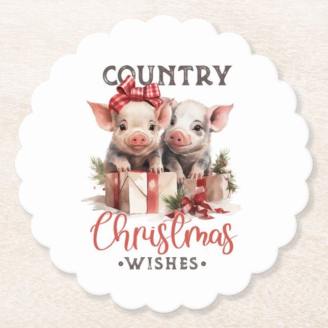 Rustic Country Christmas Wishes Cute Pig Paper Coaster (Front)