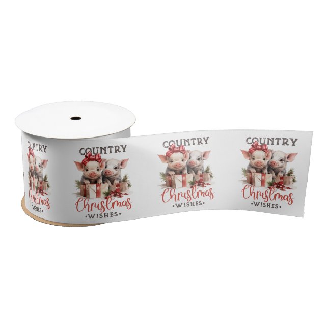 Rustic Country Christmas Wishes Cute Pig Satin Ribbon (Spool)