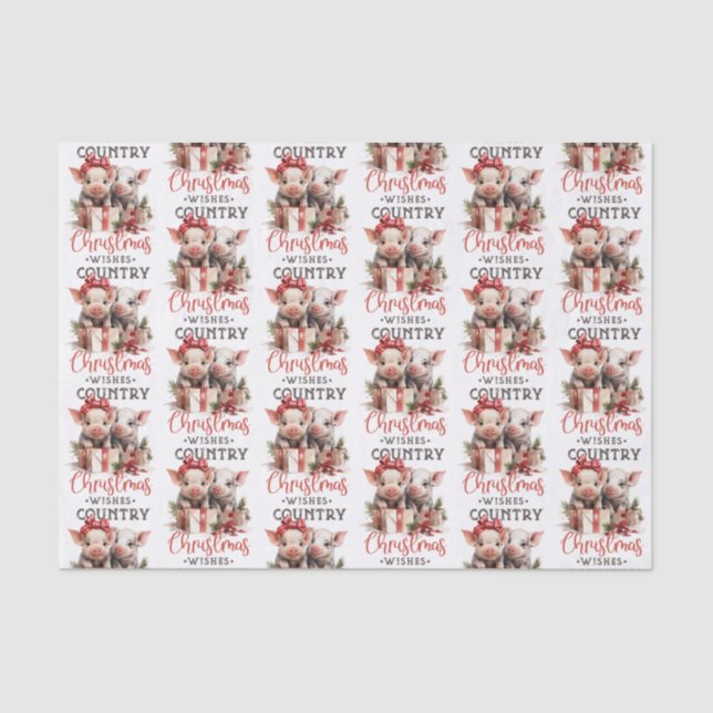 Rustic Country Christmas Wishes Cute Pig Tissue Paper (Front)