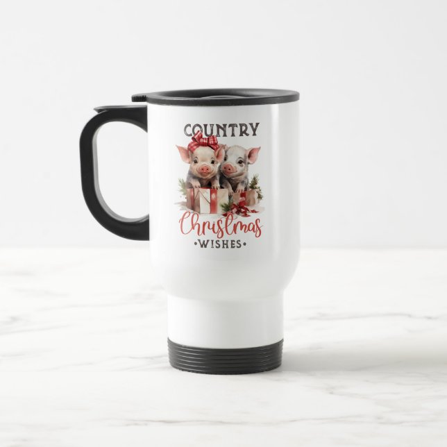 Rustic Country Christmas Wishes Cute Pig Travel Mug (Left)