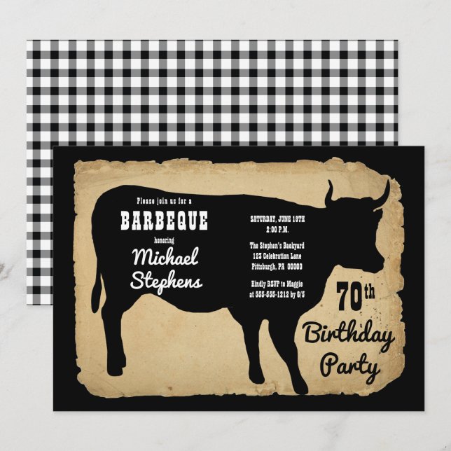 Rustic Country Cow 70th Birthday Party Barbeque Invitation (Front/Back)
