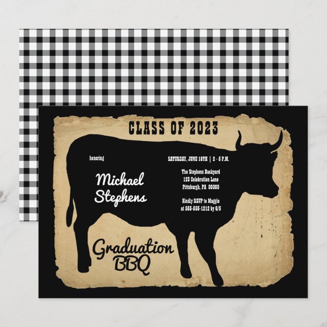 Rustic Country Cow Graduation Party Backyard BBQ Invitation (Front/Back)
