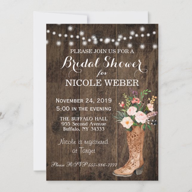 Rustic Country Cowboy Boot Bridal Shower Invite (Front)