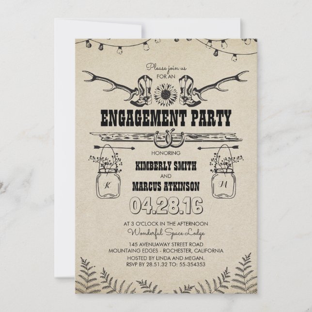 Rustic Country Cowboy Boots Engagement Party Invitation (Front)
