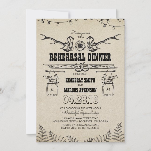 Rustic Country Cowboy Boots Rehearsal Dinner Invitation (Front)