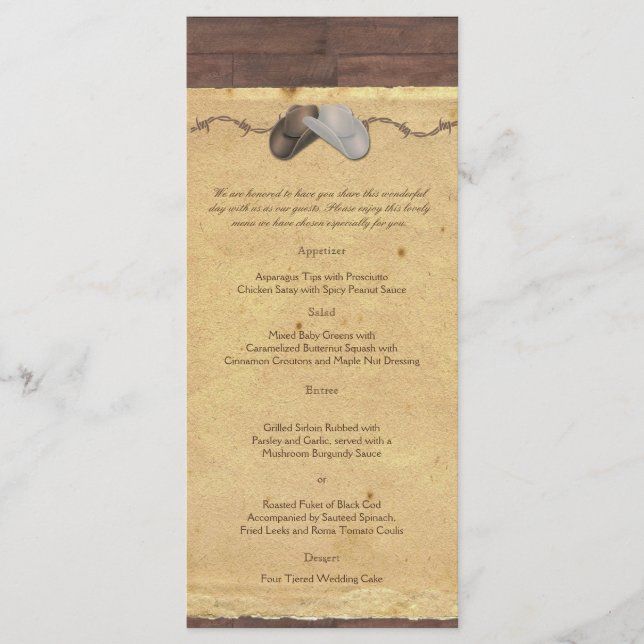 Rustic Country Cowboy Hat Barbed Wire Wedding Menu (Front)