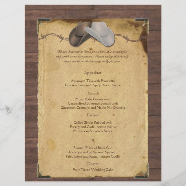 Rustic Country Cowboy Hats Wedding Menu (Front)