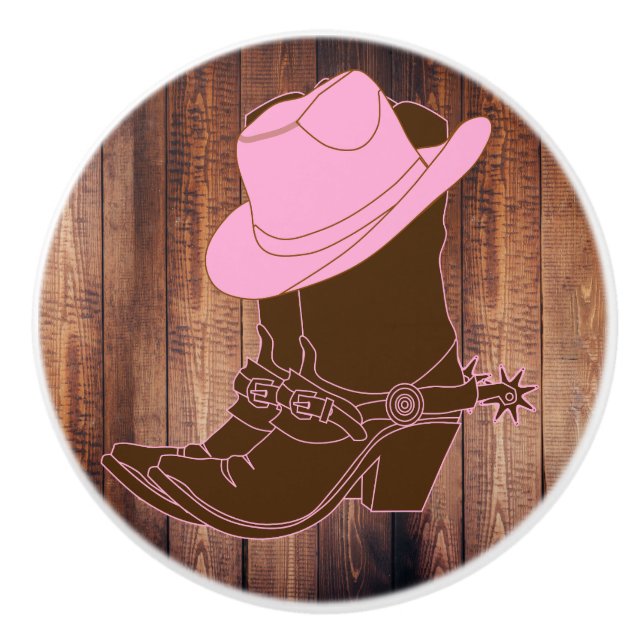 Rustic Country Cowgirl Boots & Pink Hat Ceramic Knob (Front)